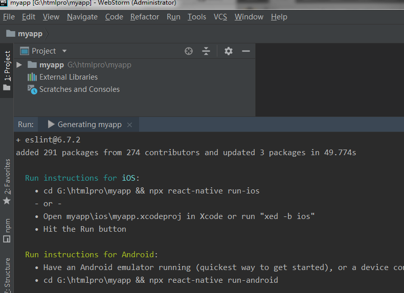 webstorm创建react native项目