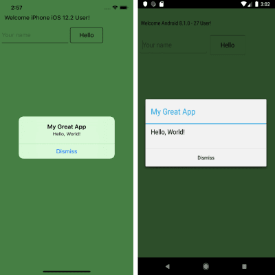 hello world在iPhone（左）和Android（右）上