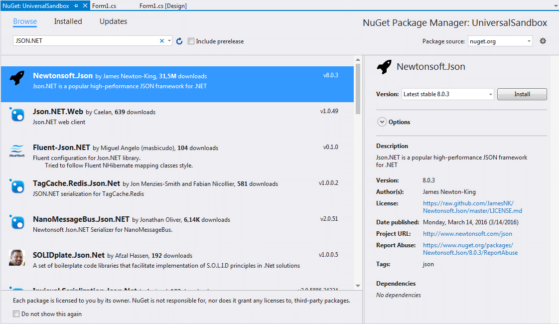 Json.NET NuGet软件包管理器