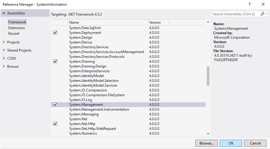 手动添加System.Management参考Visual Studio