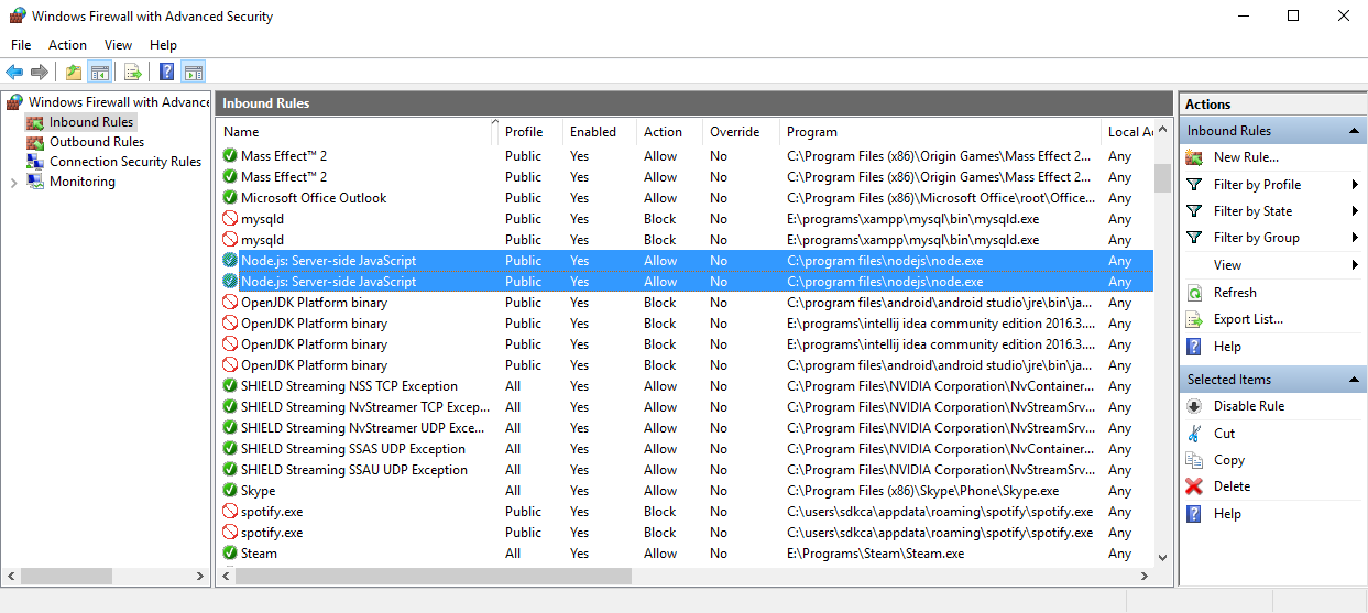 Node.js防火墙Windows入站和出站连接