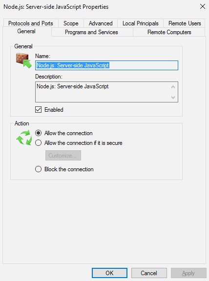 允许入站连接Node.js