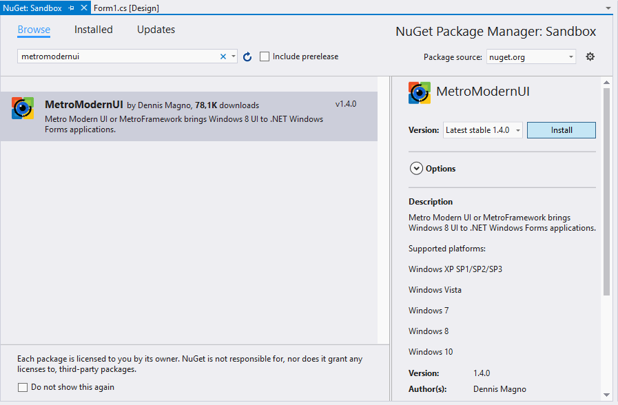 MetroModernUI NuGet软件包安装