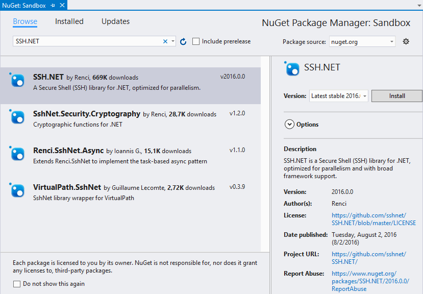 renci从nuGet储存库安装SSH.NET