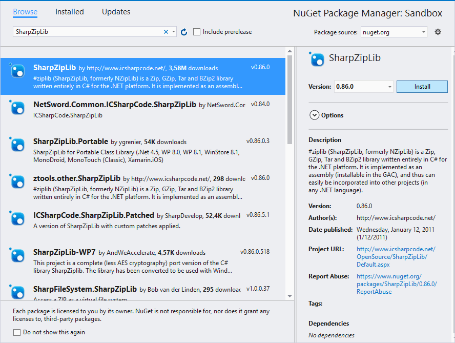 SharpZipLib Winforms C＃