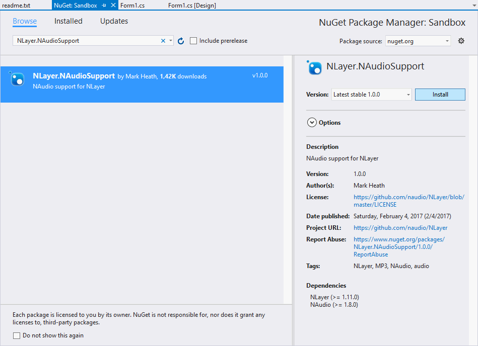 NLayer Mp3FileReader与NuGet软件包一起安装