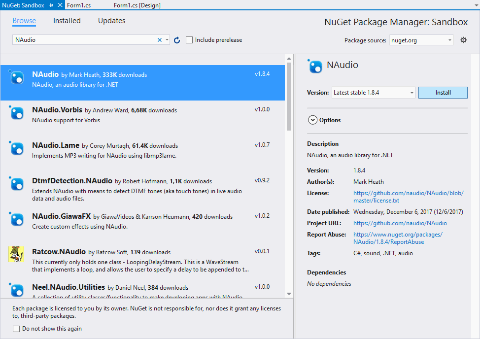 NAudio安装NuGet软件包