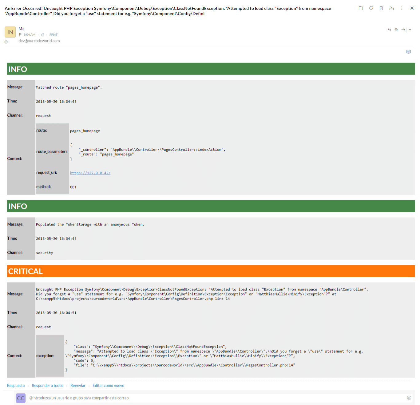 电子邮件错误报告Symfony 3.4 MonologBu​​ndle
