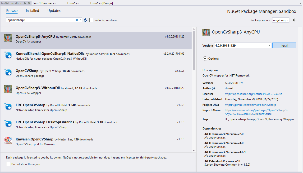 打开CV Sharp 3安装NuGet Visual Studio