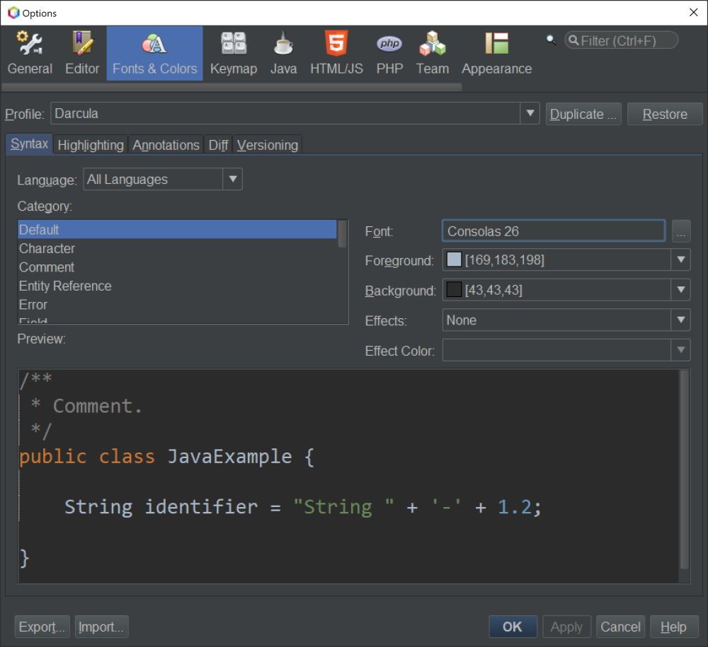 字体大小和颜色Apache NetBeans